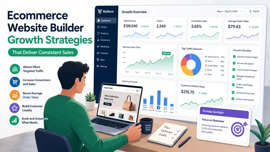 An informative illustration about Ecommerce Website Builder Growth Strategies That Deliver Consistent Sales