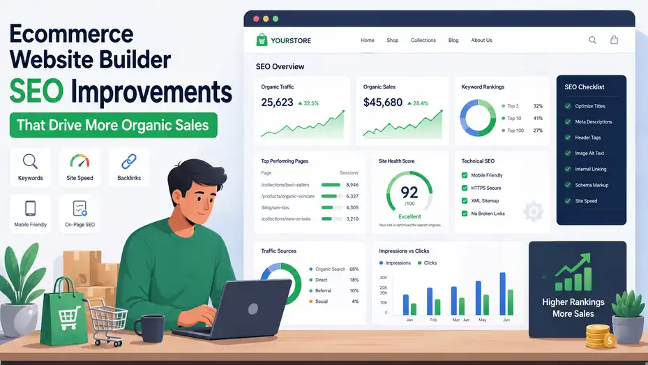 An informative illustration about Ecommerce Website Builder SEO Improvements That Drive More Organic Sales
