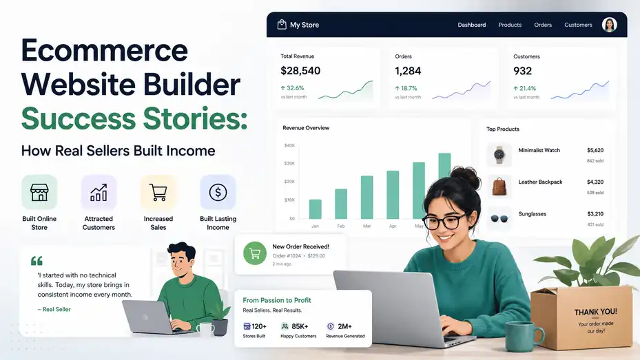 An informative illustration about Ecommerce Website Builder Success Stories: How Real Sellers Built Income