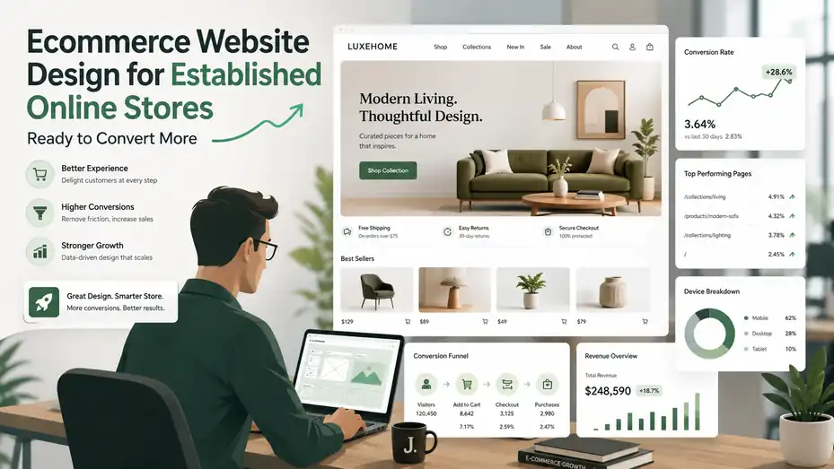 An informative illustration about Ecommerce Website Design for Established Online Stores Ready to Convert More