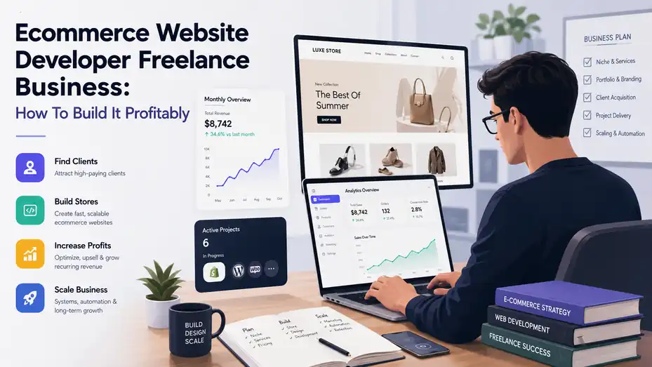 An informative illustration about Ecommerce Website Developer Freelance Business: How To Build It Profitably