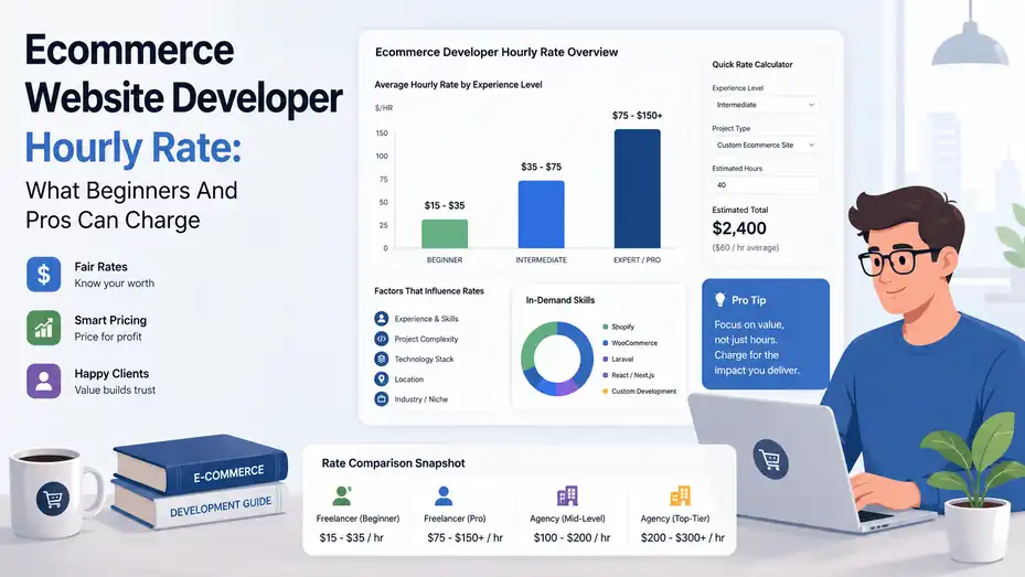 An informative illustration about Ecommerce Website Developer Hourly Rate: What Beginners And Pros Can Charge
