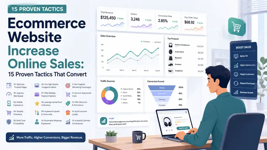 An informative illustration about Ecommerce Website Increase Online Sales: 15 Proven Tactics That Convert