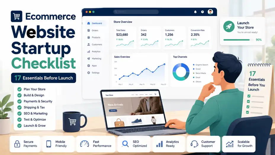 An informative illustration about Ecommerce Website Startup Checklist: 17 Essentials Before Launch