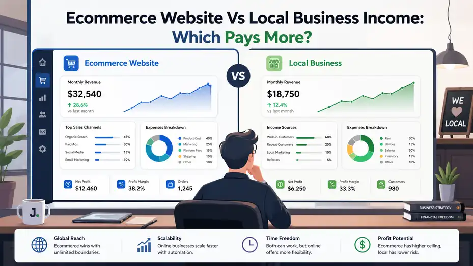 An informative illustration about Ecommerce Website Vs Local Business Income: Which Pays More?