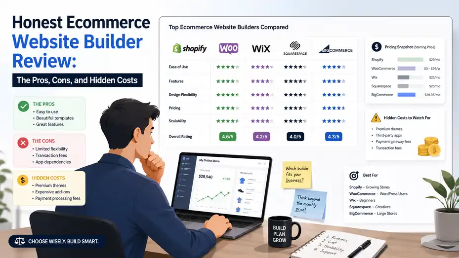 An informative illustration about Honest Ecommerce Website Builder Review: The Pros, Cons, and Hidden Costs
