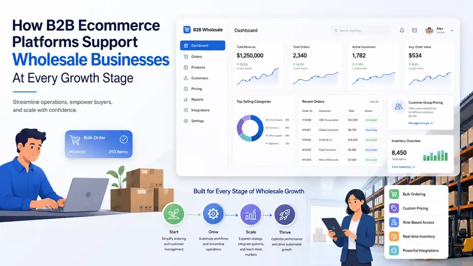 An informative illustration about How B2B Ecommerce Platforms Support Wholesale Businesses At Every Growth Stage