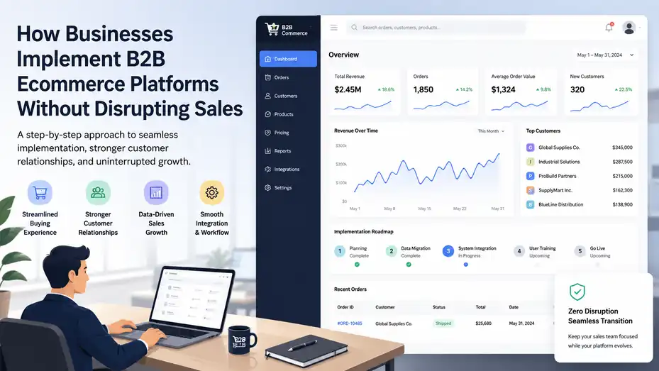 An informative illustration about How Businesses Implement B2B Ecommerce Platforms Without Disrupting Sales