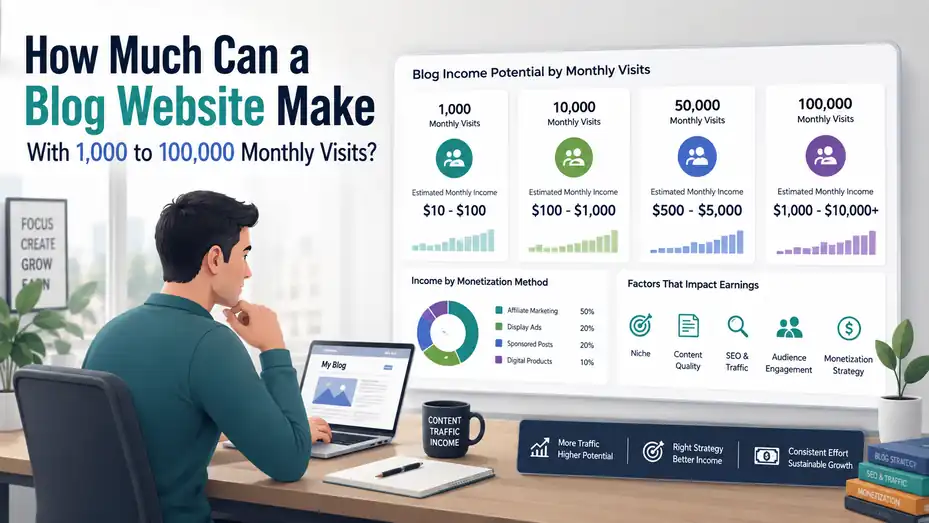 An informative illustration about How Much Can a Blog Website Make With 1,000 to 100,000 Monthly Visits?