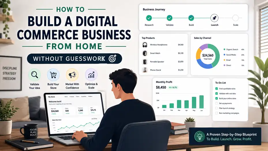An informative illustration about How To Build A Digital Commerce Business From Home Without Guesswork