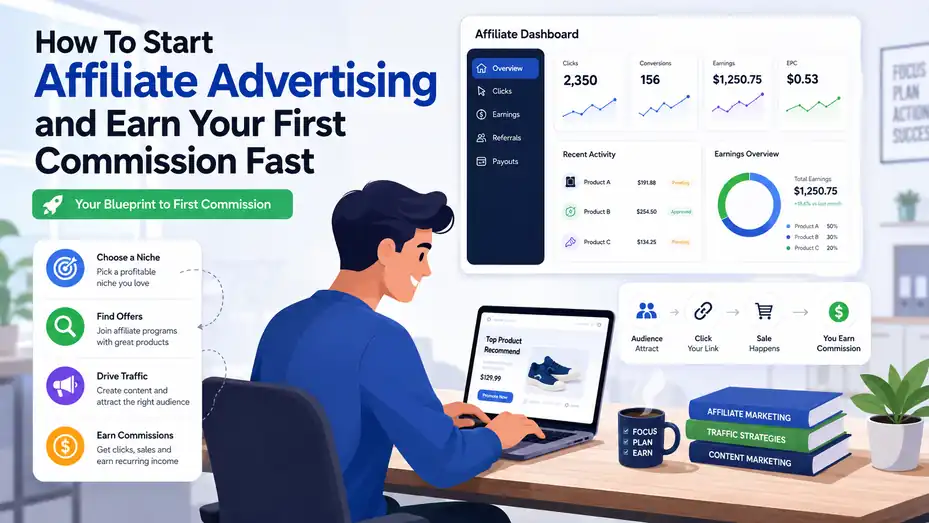 An informative illustration about How To Start Affiliate Advertising and Earn Your First Commission Fast