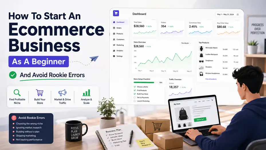 An informative illustration about How To Start An Ecommerce Business As A Beginner and Avoid Rookie Errors