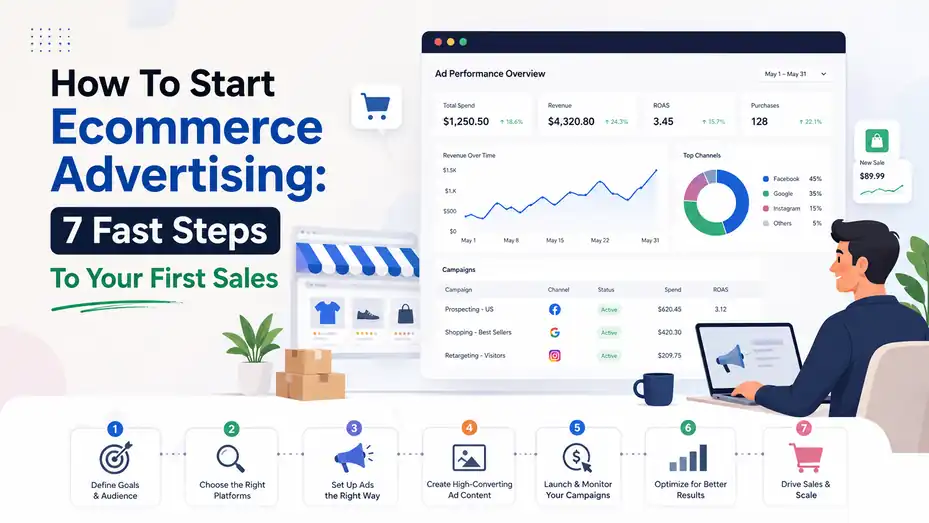 An informative illustration about How To Start Ecommerce Advertising: 7 Fast Steps To Your First Sales