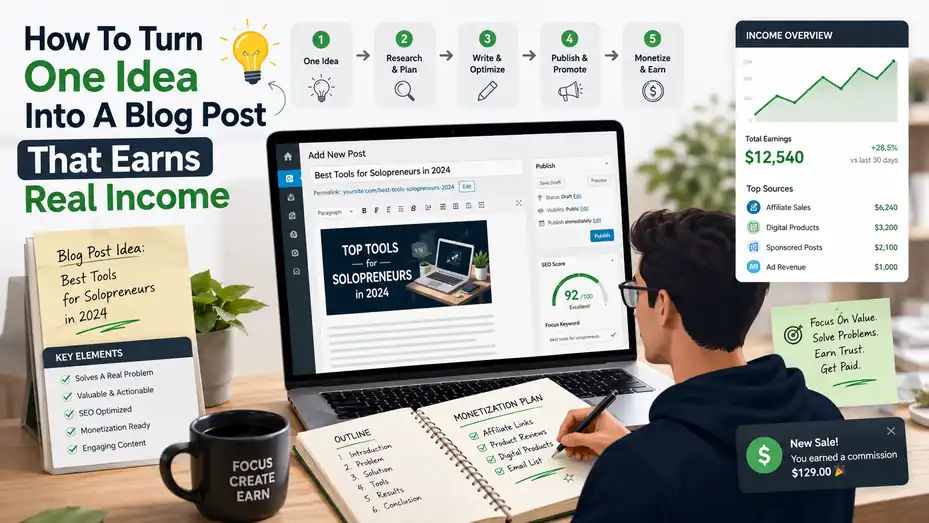 An informative illustration about How To Turn One Idea Into A Blog Post That Earns Real Income