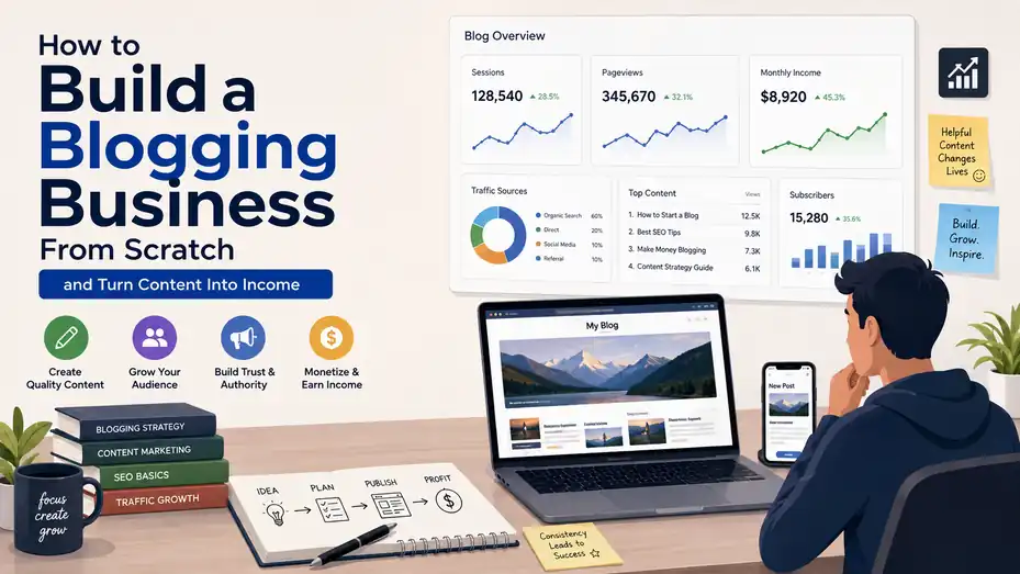 An informative illustration about How to Build a Blogging Business From Scratch and Turn Content Into Income