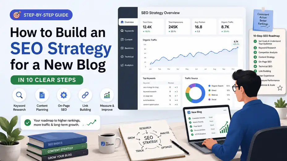An informative illustration about How to Build an SEO Strategy for a New Blog in 10 Clear Steps