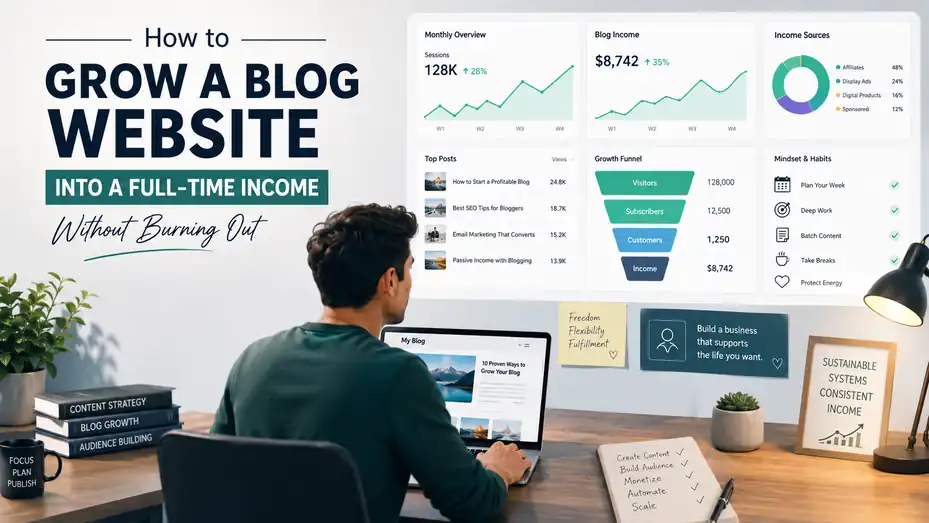 An informative illustration about How to Grow a Blog Website Into a Full-Time Income Without Burning Out