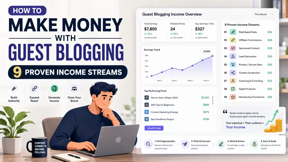 An informative illustration about How to Make Money With Guest Blogging: 9 Proven Income Streams