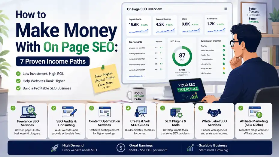 An informative illustration about How to Make Money With On Page SEO: 7 Proven Income Paths