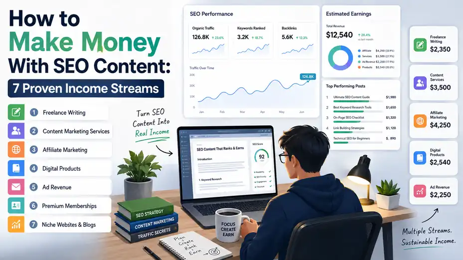 An informative illustration about How to Make Money With SEO Content: 7 Proven Income Streams