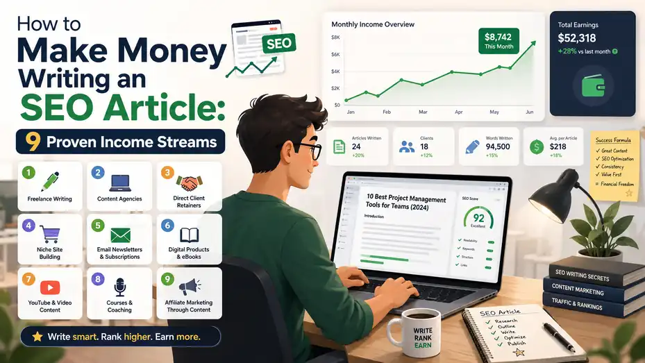 An informative illustration about How to Make Money Writing an SEO Article: 9 Proven Income Streams