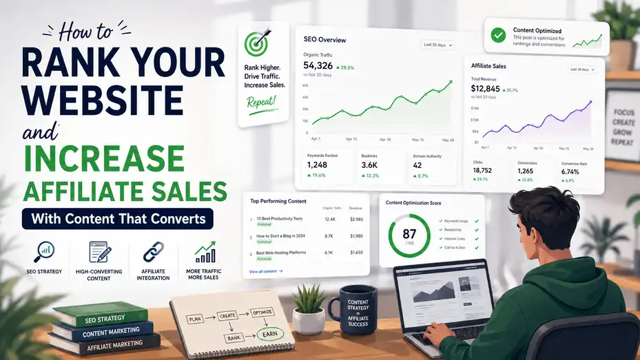 An informative illustration about How to Rank Your Website and Increase Affiliate Sales With Content That Converts