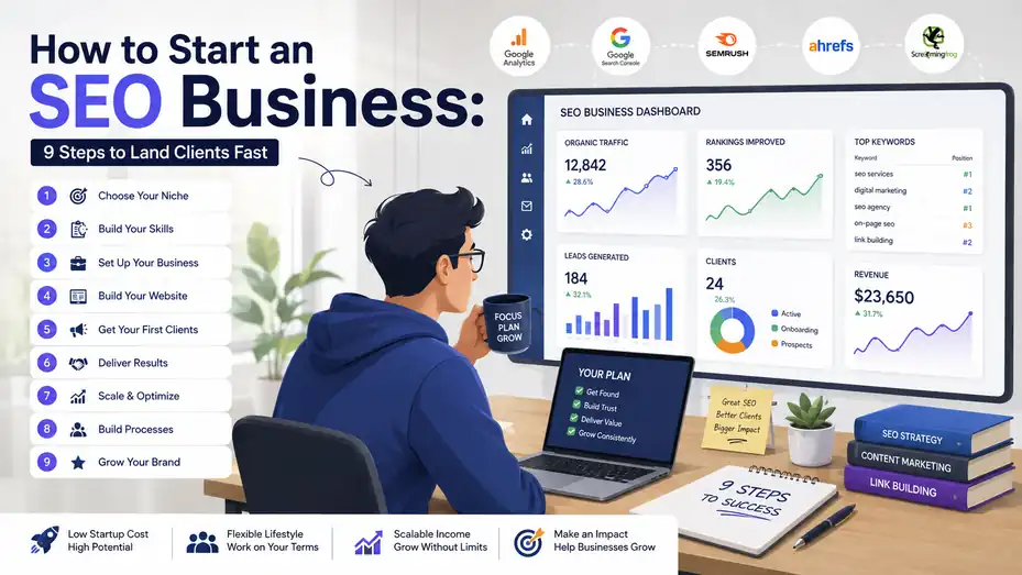 An informative illustration about How to Start an SEO Business: 9 Steps to Land Clients Fast