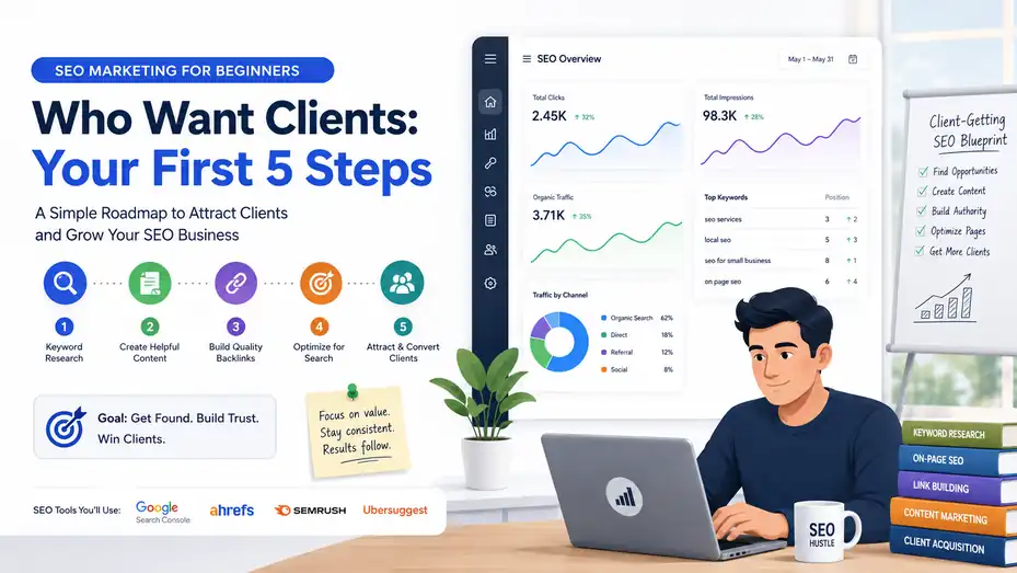 An informative illustration about SEO Marketing for Beginners Who Want Clients: Your First 5 Steps