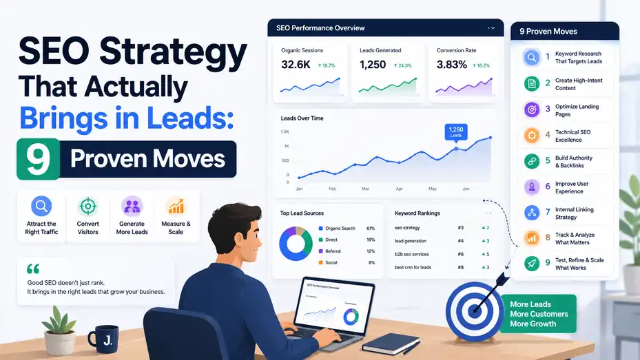 An informative illustration about SEO Strategy That Actually Brings in Leads: 9 Proven Moves