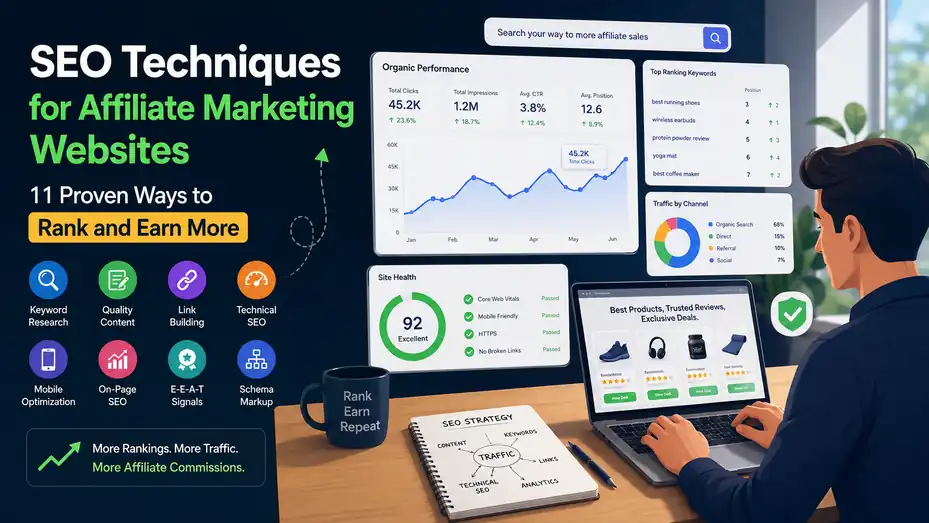 An informative illustration about SEO Techniques for Affiliate Marketing Websites: 11 Proven Ways to Rank and Earn More