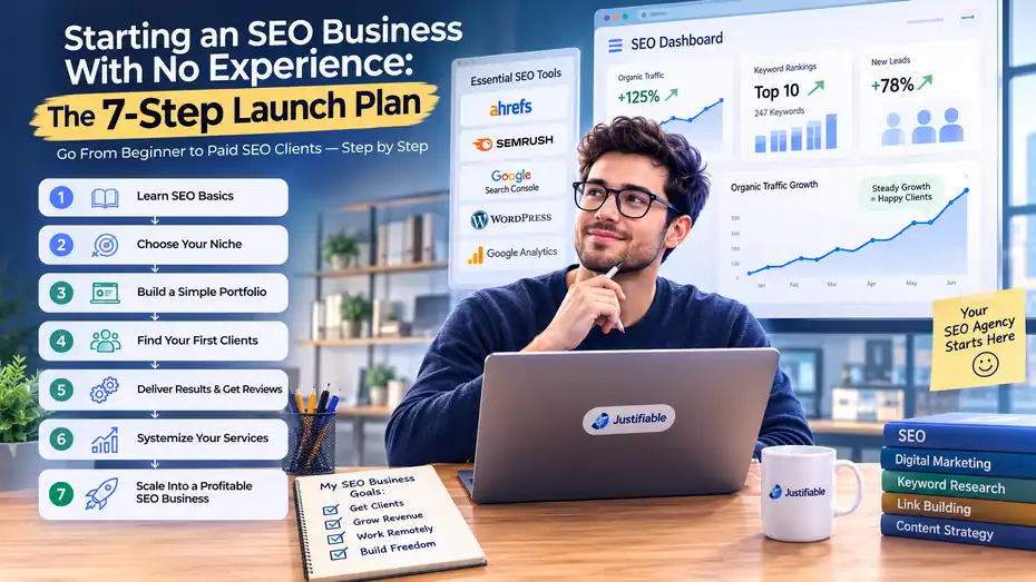 An informative illustration about Starting an SEO Business With No Experience: The 7-Step Launch Plan