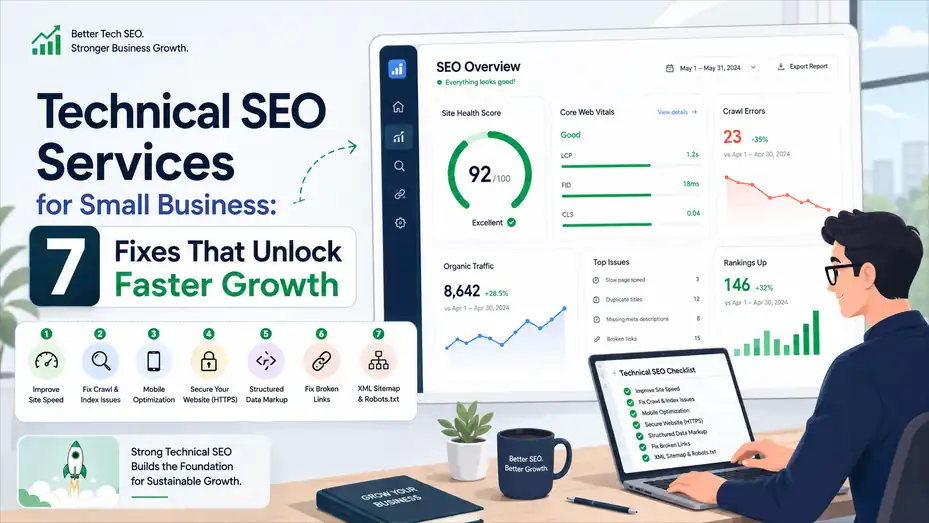 An informative illustration about Technical SEO Services for Small Business: 7 Fixes That Unlock Faster Growth