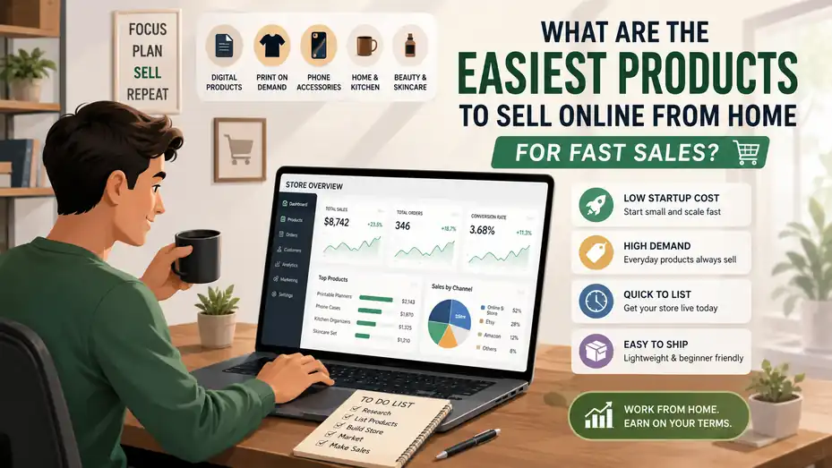 An informative illustration about What Are The Easiest Products To Sell Online From Home For Fast Sales?