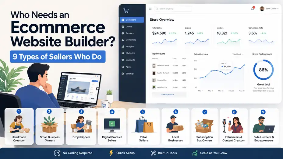 An informative illustration about Who Needs an Ecommerce Website Builder? 9 Types of Sellers Who Do