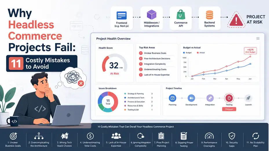 An informative illustration about Why Headless Commerce Projects Fail: 11 Costly Mistakes to Avoid