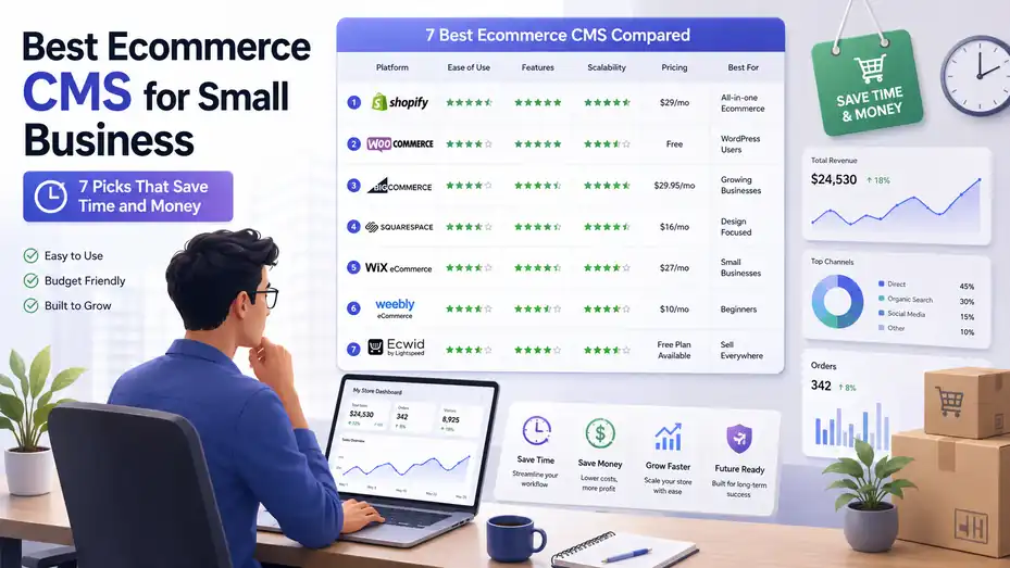 An informative illustration about Best Ecommerce CMS for Small Business: 7 Picks That Save Time and Money