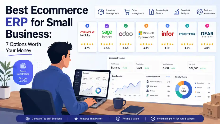 An informative illustration about Best Ecommerce ERP for Small Business: 7 Options Worth Your Money