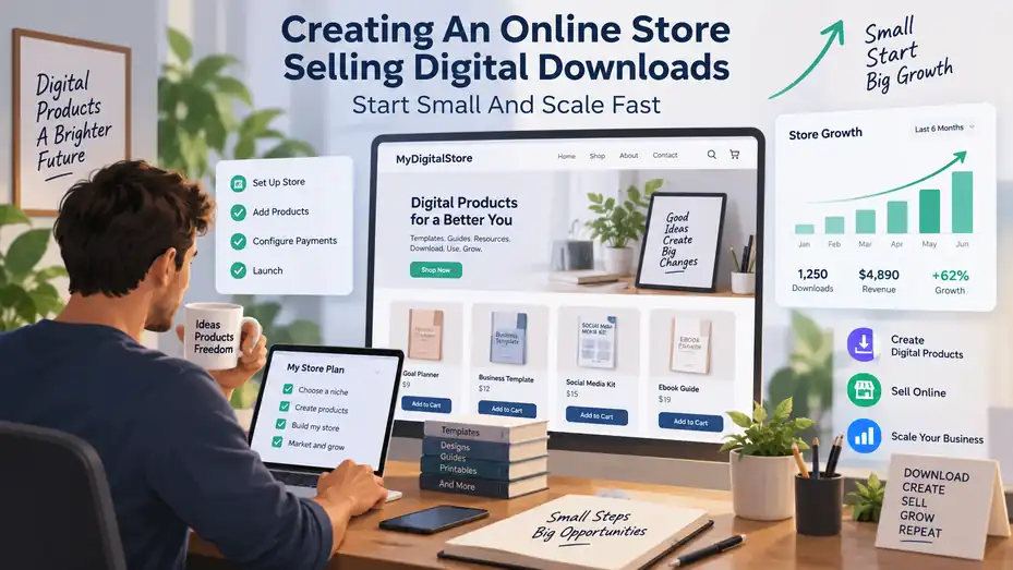 An informative illustration about Creating An Online Store Selling Digital Downloads: Start Small And Scale Fast