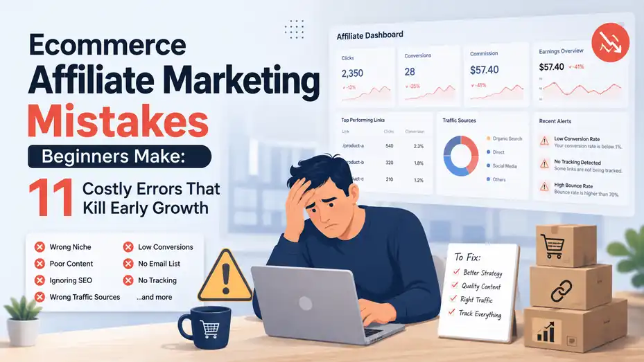 An informative illustration about Ecommerce Affiliate Marketing Mistakes Beginners Make: 11 Costly Errors That Kill Early Growth