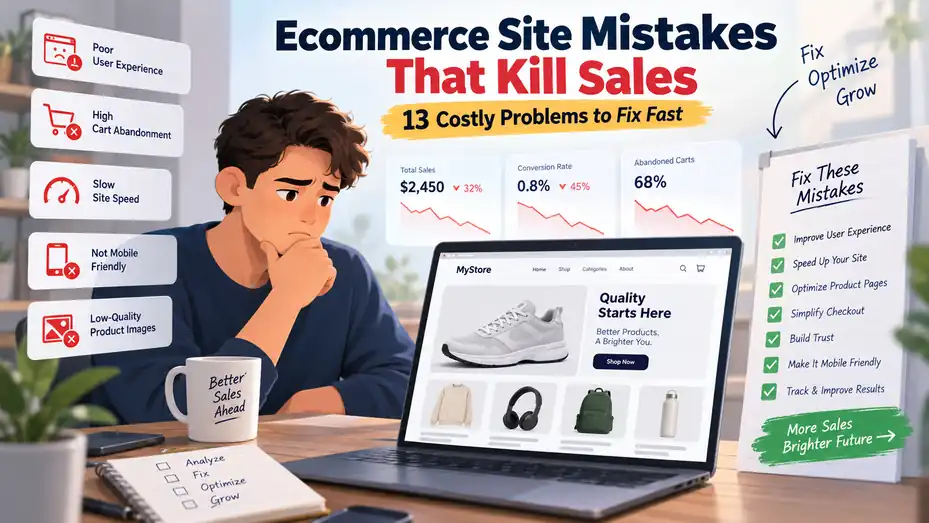 An informative illustration about Ecommerce Site Mistakes That Kill Sales: 13 Costly Problems to Fix Fast