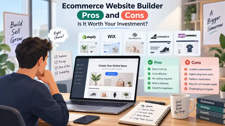 An informative illustration about Ecommerce Website Builder Pros and Cons: Is It Worth Your Investment?