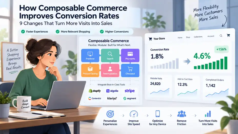 An informative illustration about How Composable Commerce Improves Conversion Rates: 9 Changes That Turn More Visits Into Sales