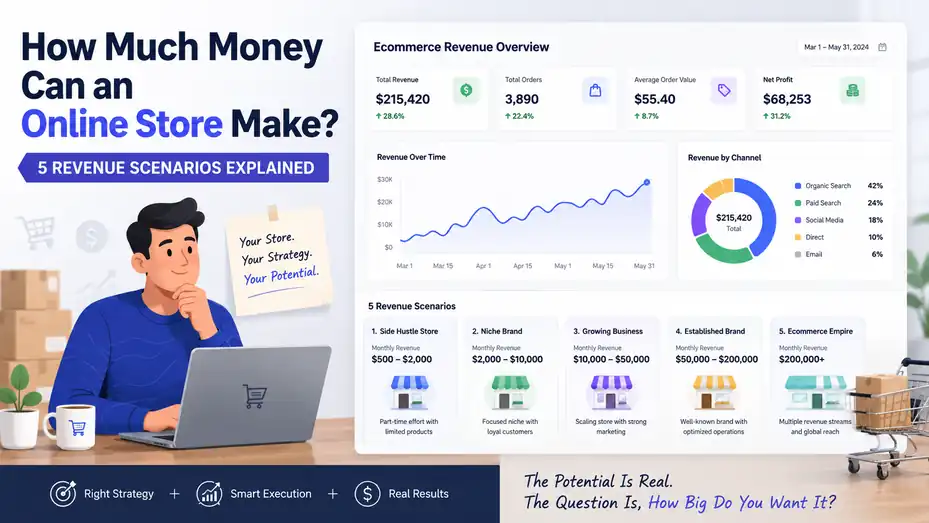 An informative illustration about How Much Money Can an Online Store Make? 5 Revenue Scenarios Explained