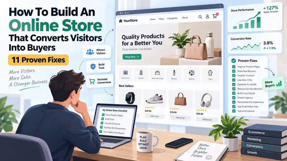 An informative illustration about How To Build An Online Store That Converts Visitors Into Buyers: 11 Proven Fixes