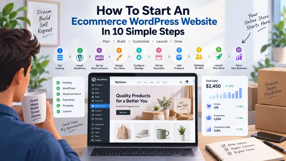 An informative illustration about How To Start An Ecommerce WordPress Website In 10 Simple Steps