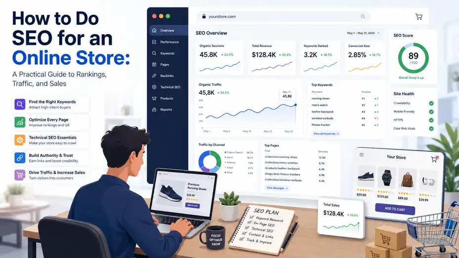 An informative illustration about How to Do SEO for an Online Store: A Practical Guide to Rankings, Traffic, and Sales