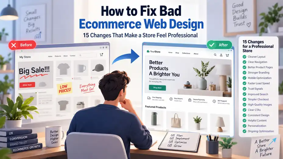 An informative illustration about How to Fix Bad Ecommerce Web Design: 15 Changes That Make a Store Feel Professional