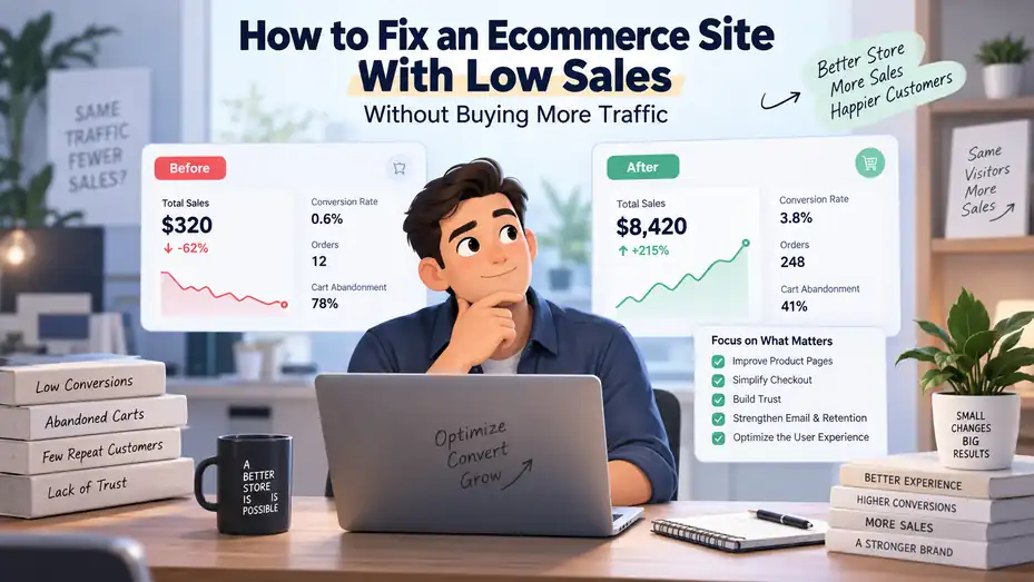 An informative illustration about How to Fix an Ecommerce Site With Low Sales Without Buying More Traffic