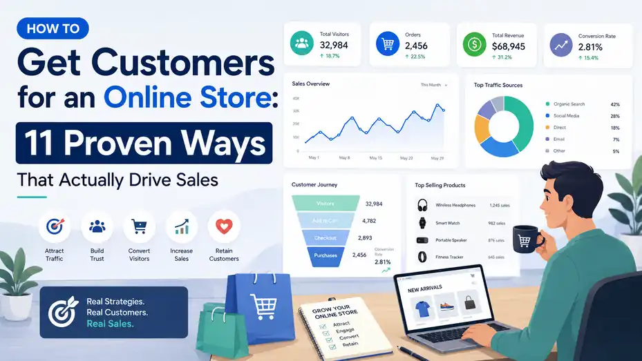 An informative illustration about How to Get Customers for an Online Store: 11 Proven Ways That Actually Drive Sales