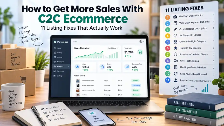 An informative illustration about How to Get More Sales With C2C Ecommerce: 11 Listing Fixes